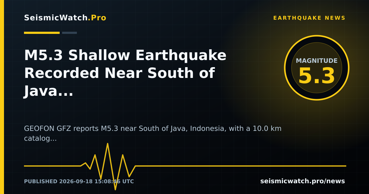 News card for M5.3 Shallow Earthquake Recorded Near South of Java, Indonesia