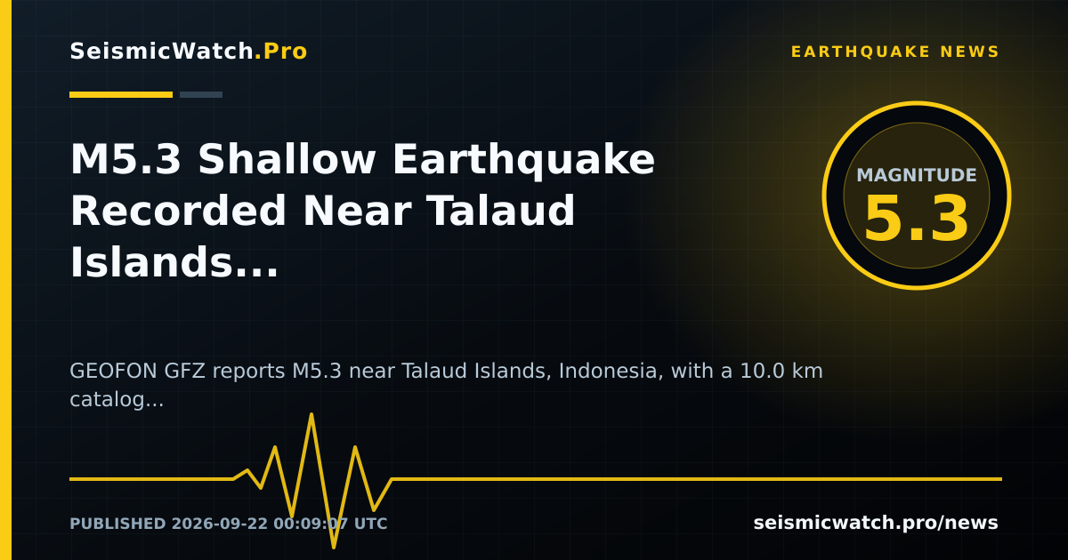 News card for M5.3 Shallow Earthquake Recorded Near Talaud Islands, Indonesia