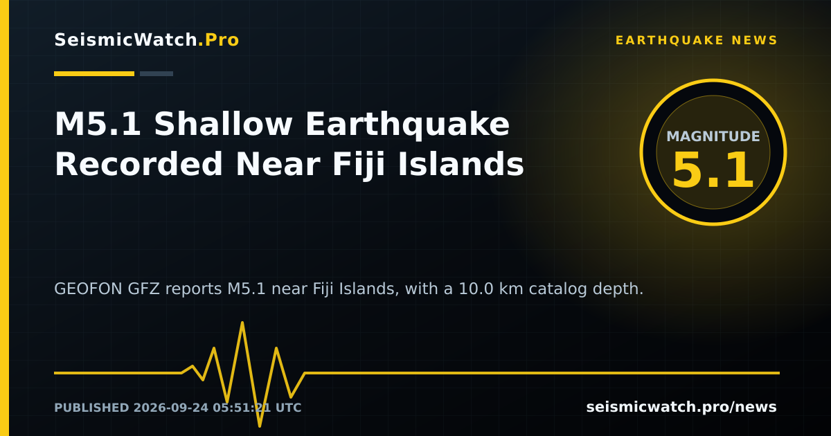 News card for M5.1 Shallow Earthquake Recorded Near Fiji Islands