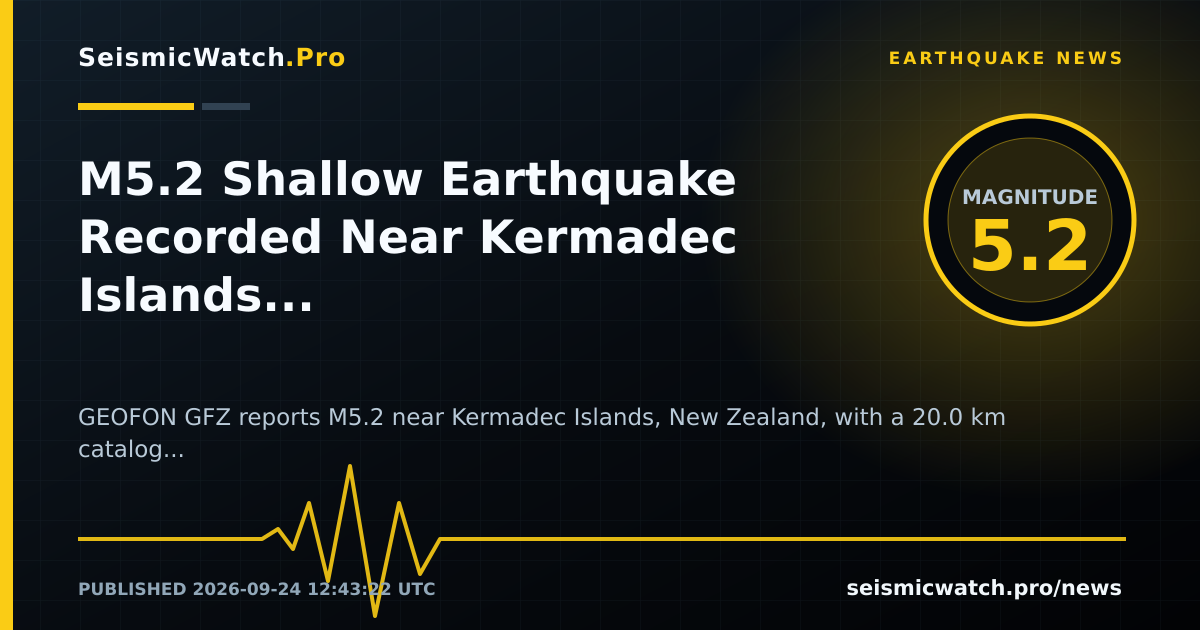 News card for M5.2 Shallow Earthquake Recorded Near Kermadec Islands, New Zealand