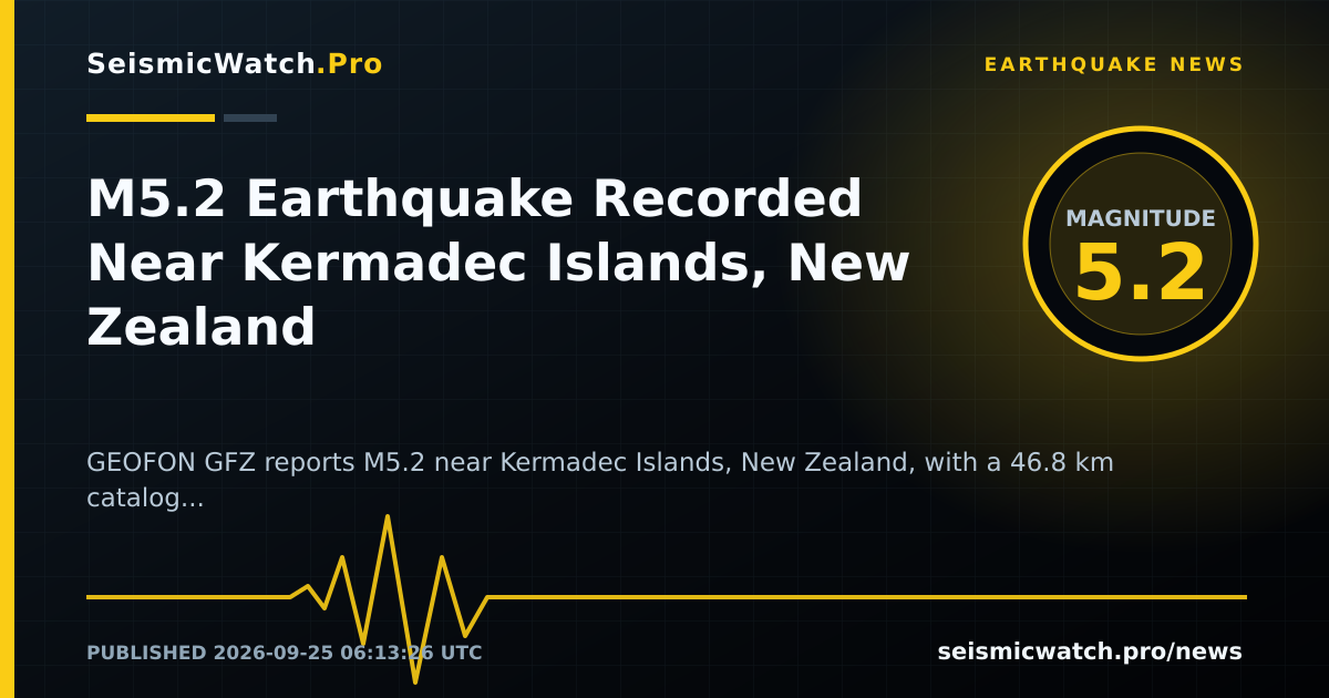 News card for M5.2 Earthquake Recorded Near Kermadec Islands, New Zealand