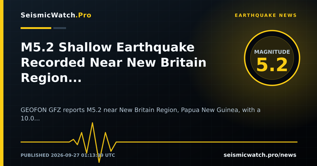 News card for M5.2 Shallow Earthquake Recorded Near New Britain Region, Papua New Guinea