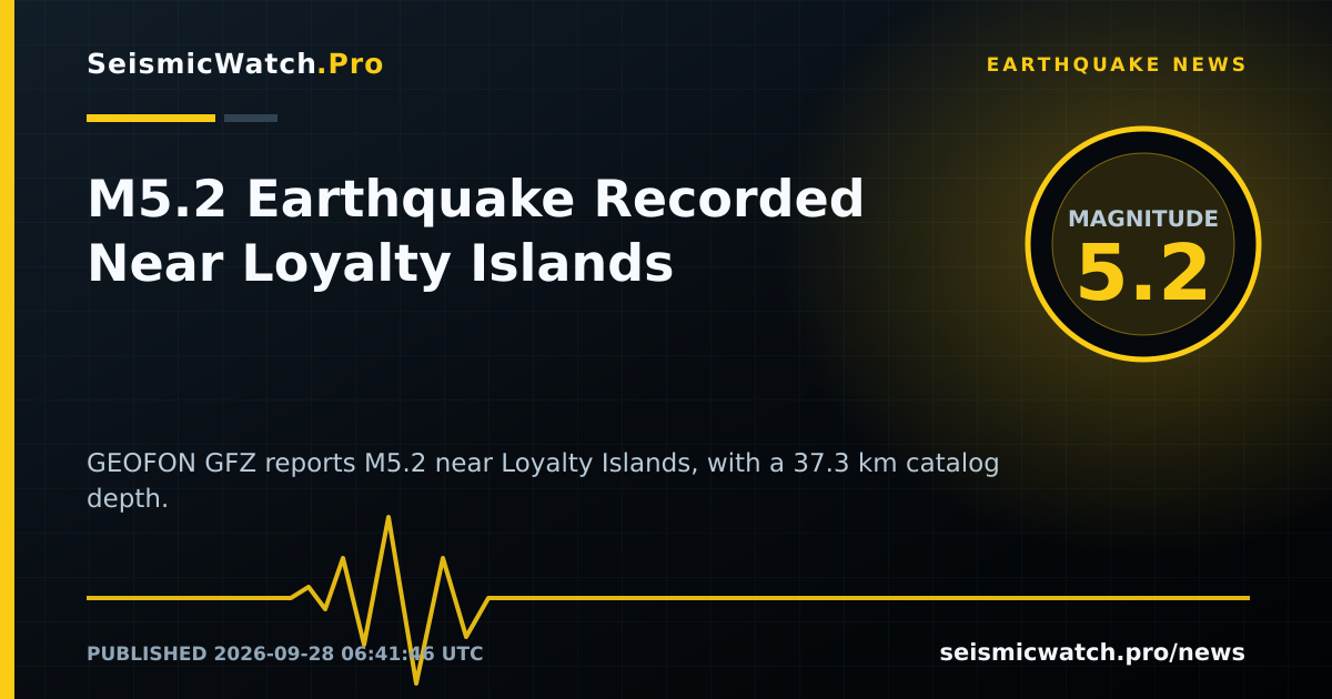 News card for M5.2 Earthquake Recorded Near Loyalty Islands