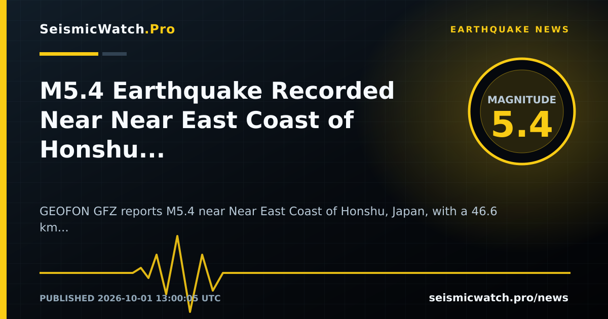 News card for M5.4 Earthquake Recorded Near Near East Coast of Honshu, Japan