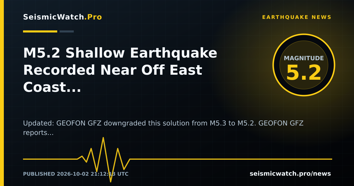 News card for M5.2 Shallow Earthquake Recorded Near Off East Coast of Kamchatka