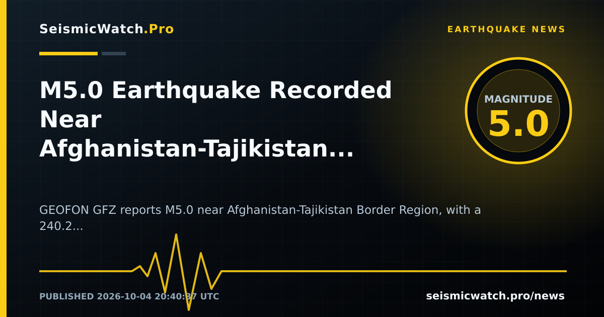 News card for M5.0 Earthquake Recorded Near Afghanistan-Tajikistan Border Region