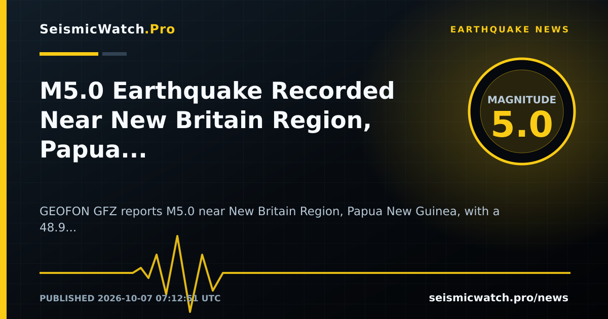 News card for M5.0 Earthquake Recorded Near New Britain Region, Papua New Guinea