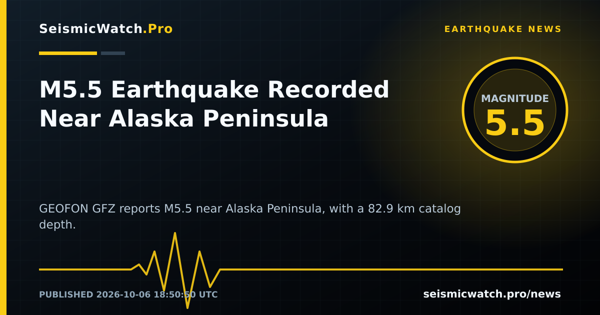 News card for M5.5 Earthquake Recorded Near Alaska Peninsula