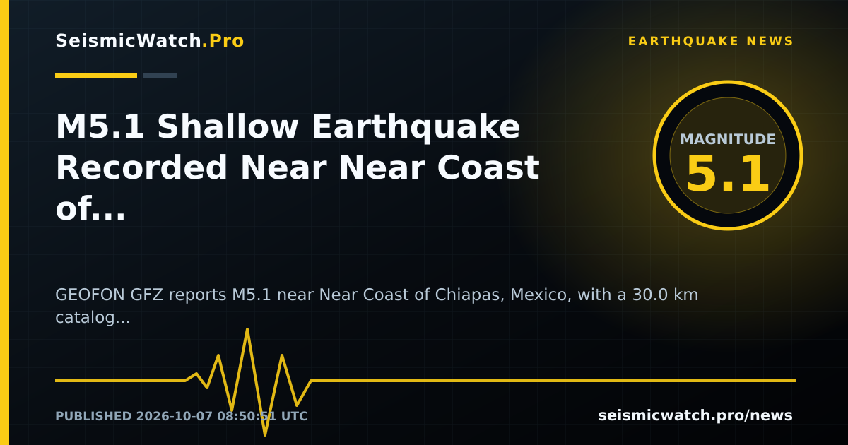 News card for M5.1 Shallow Earthquake Recorded Near Near Coast of Chiapas, Mexico