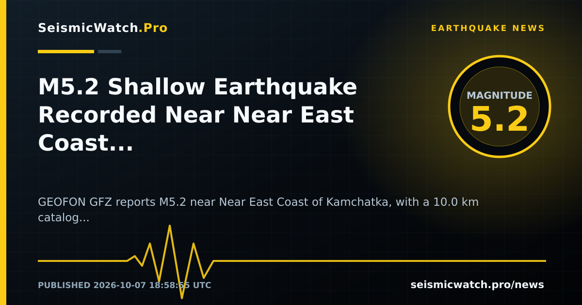 News card for M5.2 Shallow Earthquake Recorded Near Near East Coast of Kamchatka