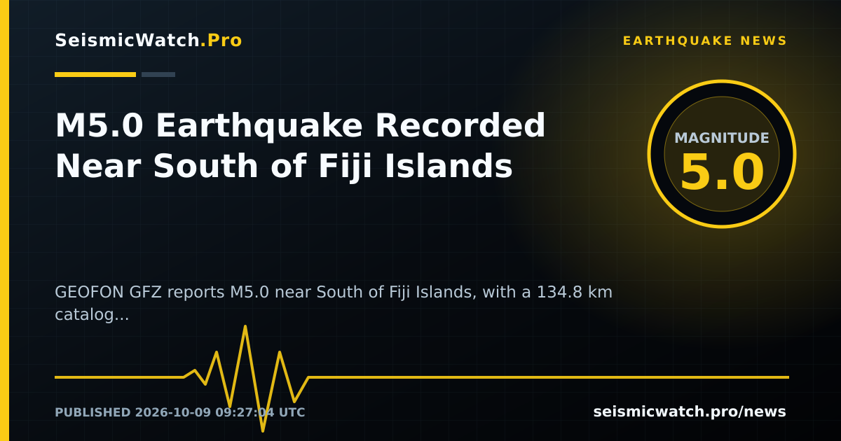 News card for M5.0 Earthquake Recorded Near South of Fiji Islands