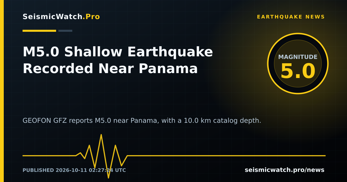 News card for M5.0 Shallow Earthquake Recorded Near Panama