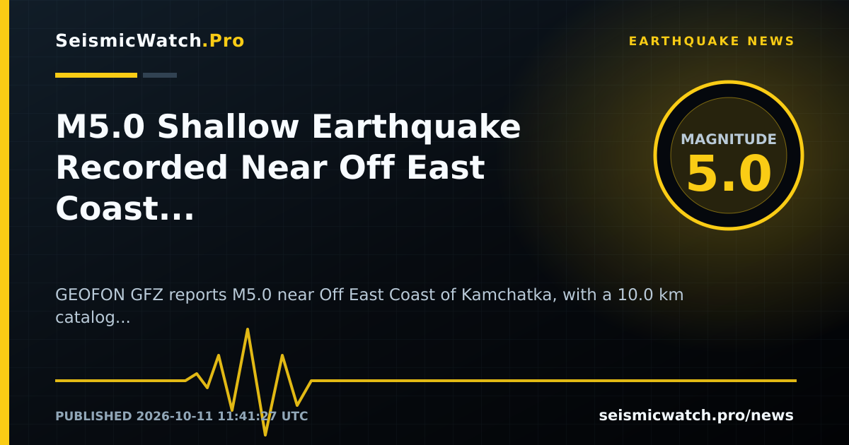 News card for M5.0 Shallow Earthquake Recorded Near Off East Coast of Kamchatka