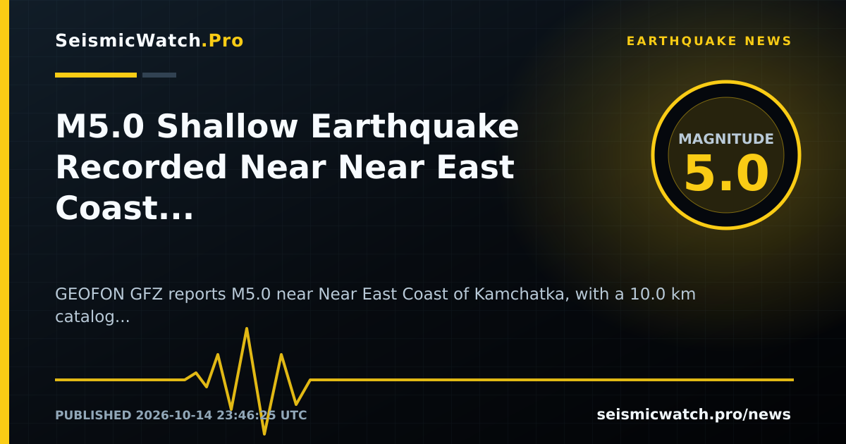News card for M5.0 Shallow Earthquake Recorded Near Near East Coast of Kamchatka