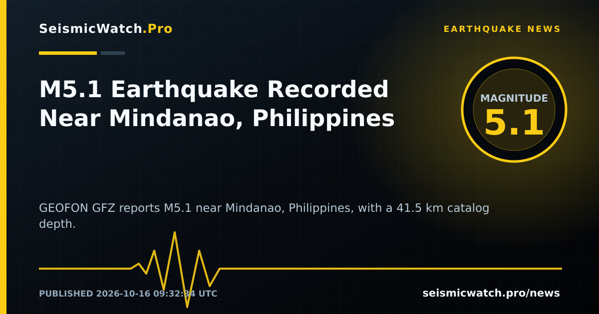 News card for M5.1 Earthquake Recorded Near Mindanao, Philippines