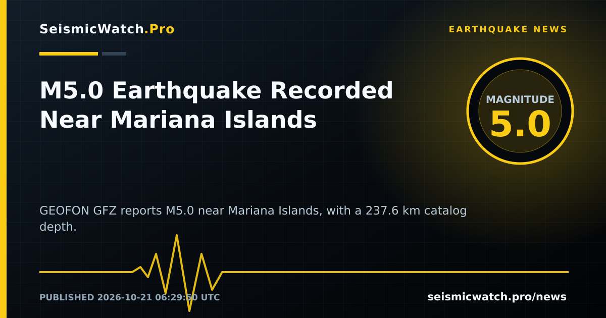 News card for M5.0 Earthquake Recorded Near Mariana Islands