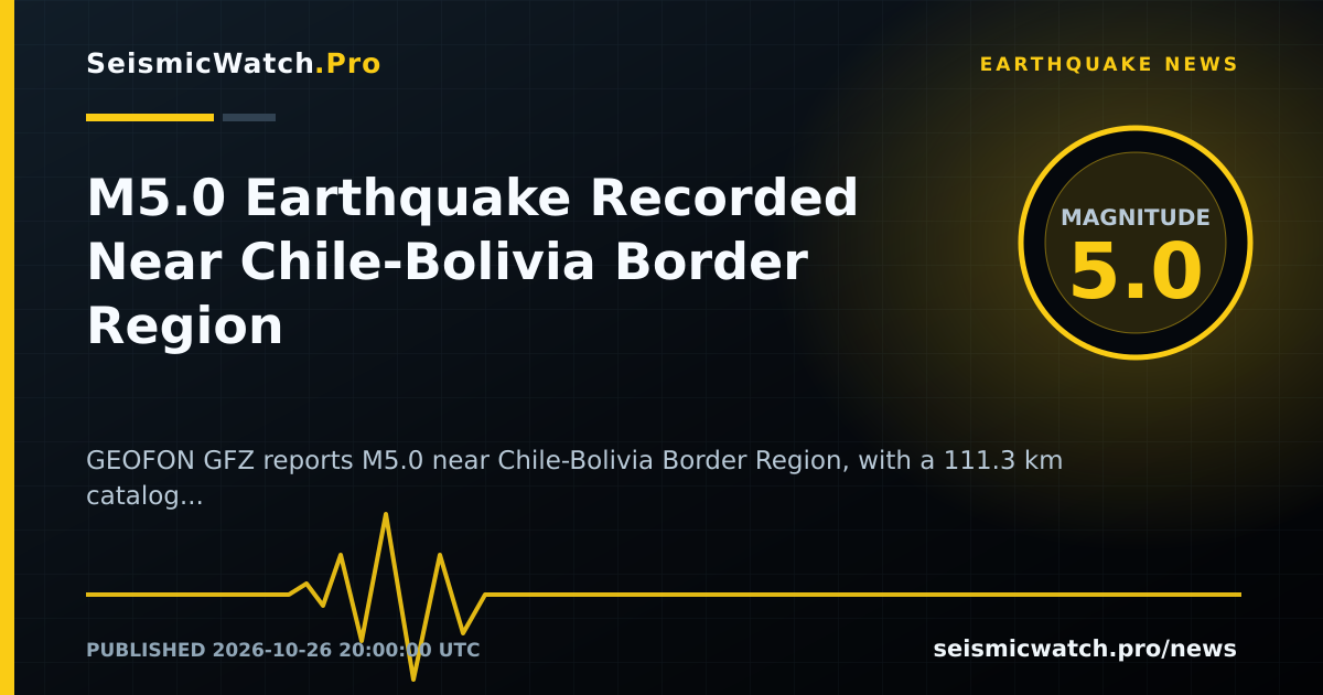 News card for M5.0 Earthquake Recorded Near Chile-Bolivia Border Region