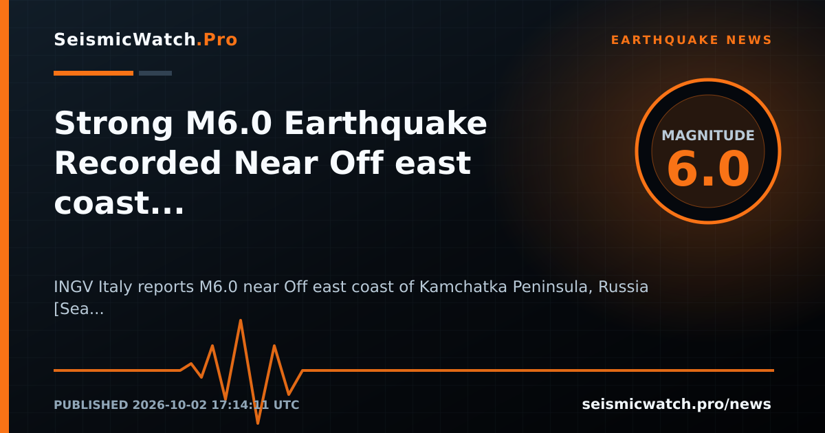 News card for Strong M6.0 Earthquake Recorded Near Off east coast of Kamchatka Peninsula, Russia [Sea: Russia]