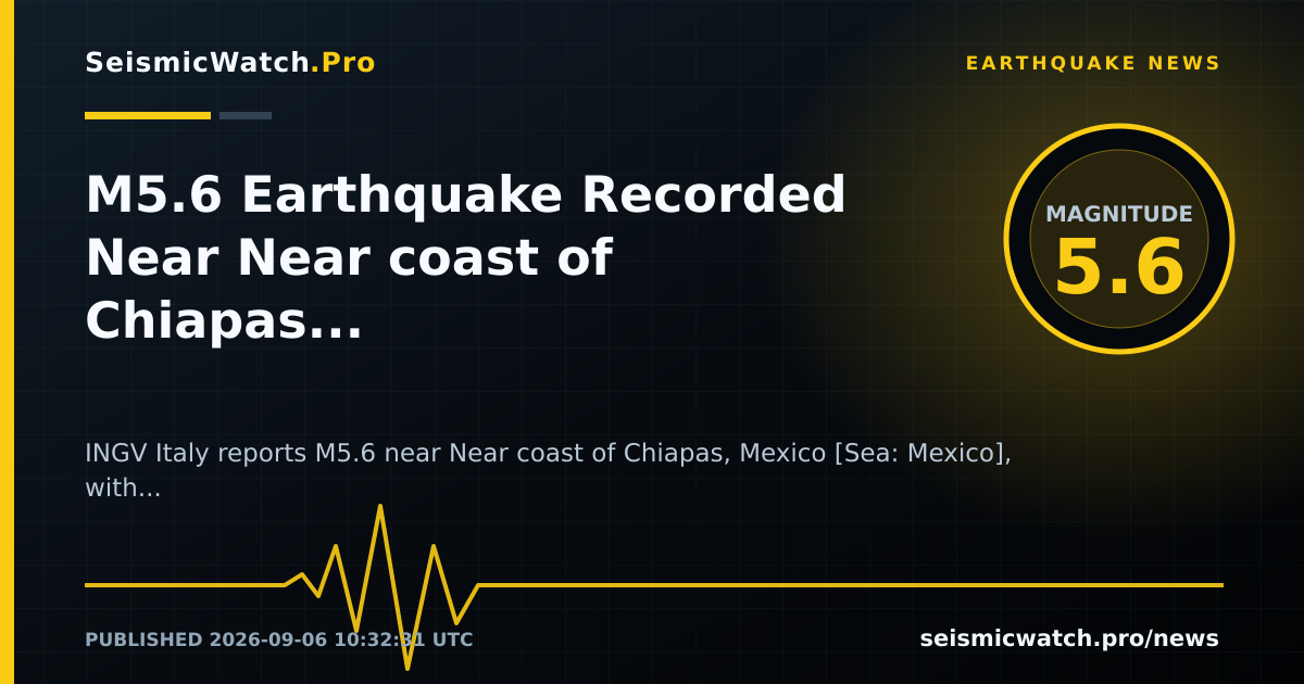 News card for M5.6 Earthquake Recorded Near Near coast of Chiapas, Mexico [Sea: Mexico]