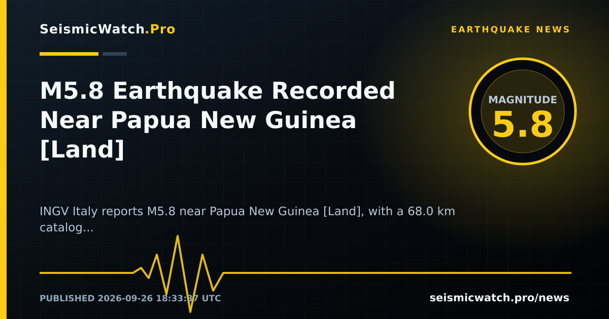 News card for M5.8 Earthquake Recorded Near Papua New Guinea [Land]