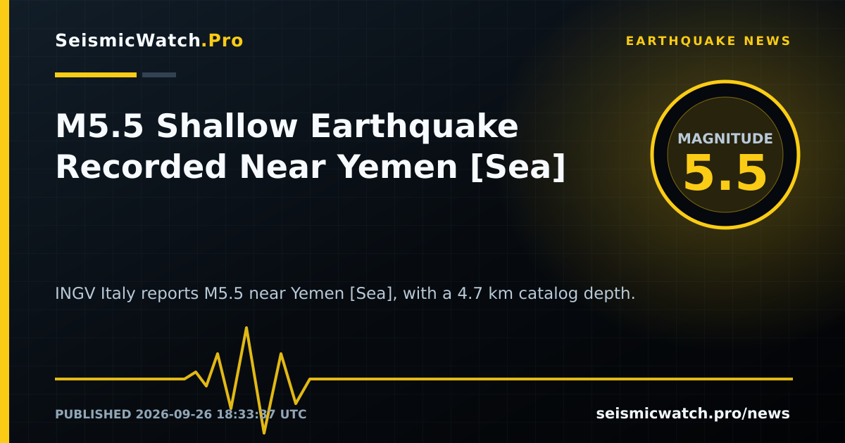 News card for M5.5 Shallow Earthquake Recorded Near Yemen [Sea]
