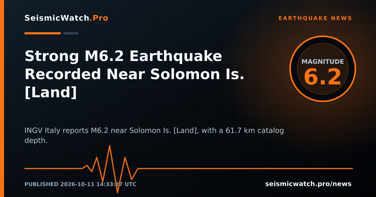 News card for Strong M6.2 Earthquake Recorded Near Solomon Is. [Land]