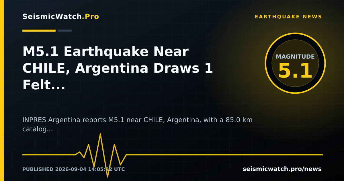 News card for M5.1 Earthquake Near CHILE, Argentina Draws 1 Felt Reports