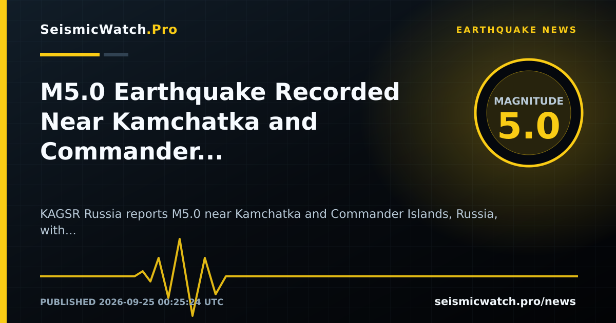 News card for M5.0 Earthquake Recorded Near Kamchatka and Commander Islands, Russia