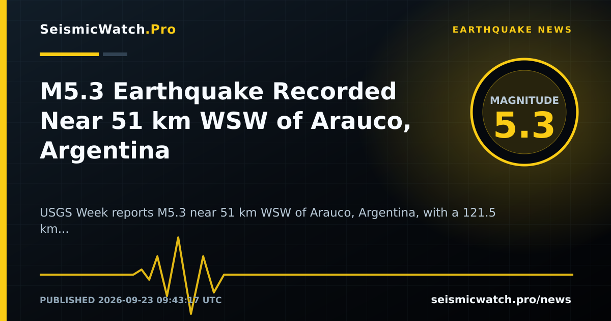 News card for M5.3 Earthquake Recorded Near 51 km WSW of Arauco, Argentina