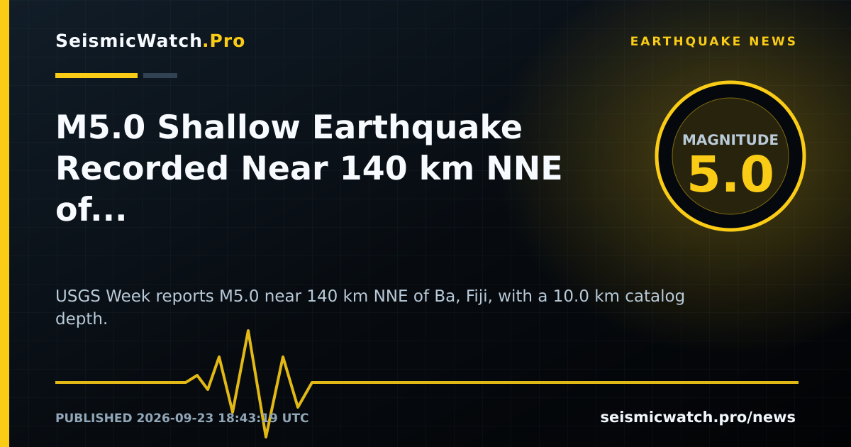 News card for M5.0 Shallow Earthquake Recorded Near 140 km NNE of Ba, Fiji