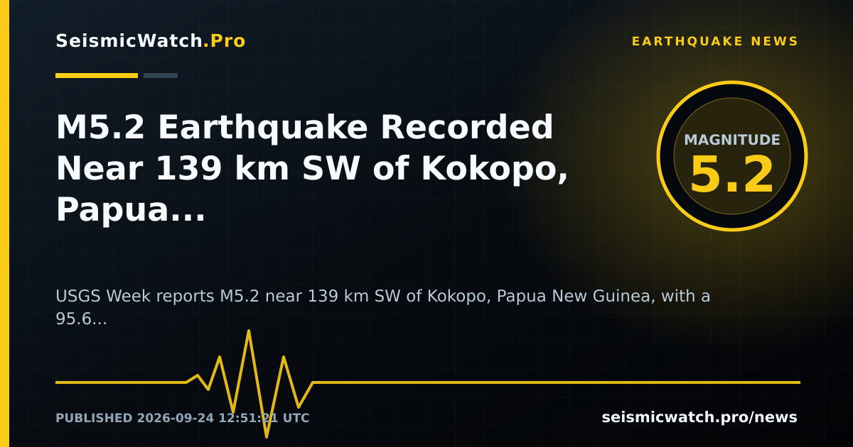 News card for M5.2 Earthquake Recorded Near 139 km SW of Kokopo, Papua New Guinea