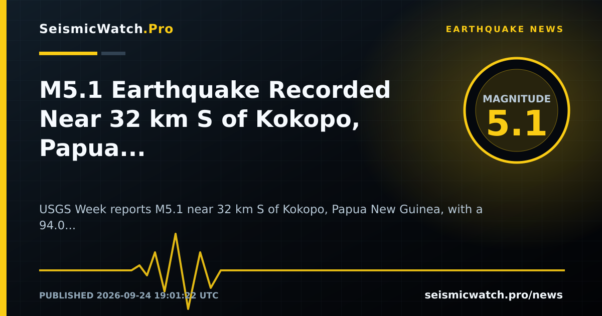 News card for M5.1 Earthquake Recorded Near 32 km S of Kokopo, Papua New Guinea