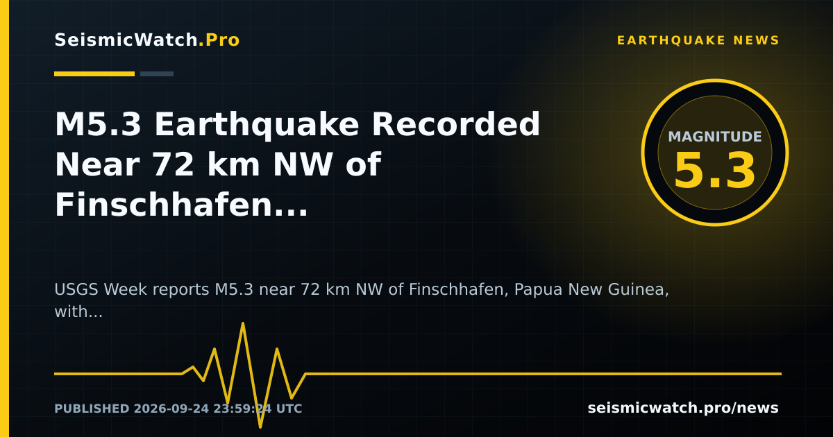 News card for M5.3 Earthquake Recorded Near 72 km NW of Finschhafen, Papua New Guinea