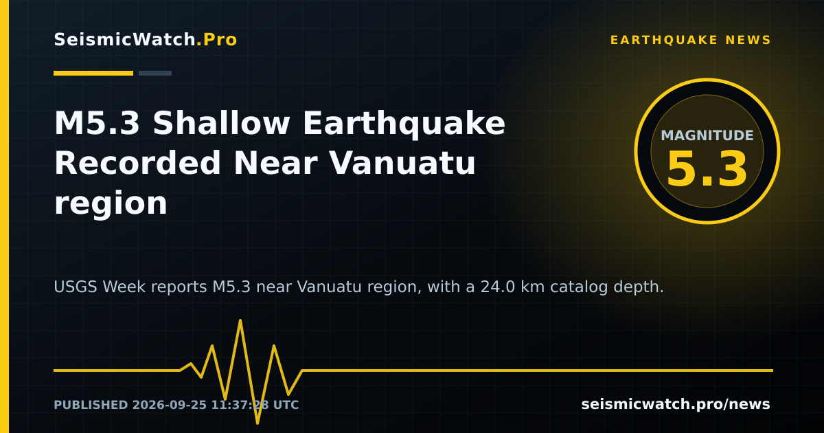 News card for M5.3 Shallow Earthquake Recorded Near Vanuatu region