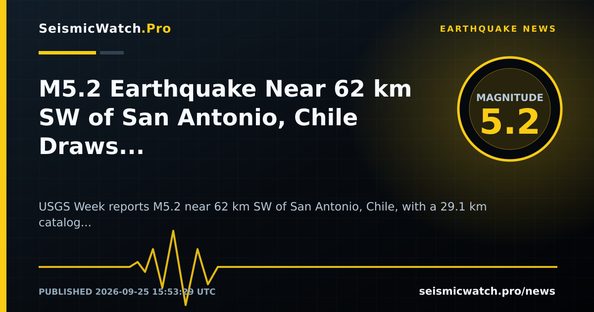 News card for M5.2 Earthquake Near 62 km SW of San Antonio, Chile Draws 2 Felt Reports