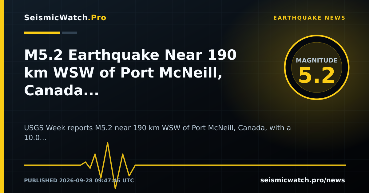 News card for M5.2 Earthquake Near 190 km WSW of Port McNeill, Canada Carries Provider Tsunami Flag