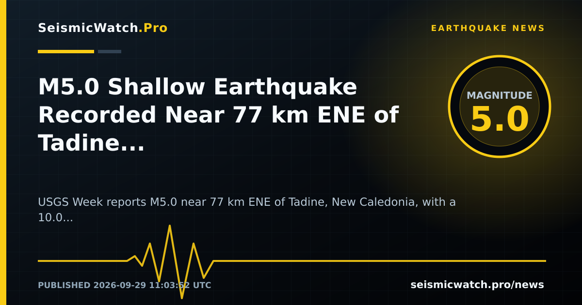News card for M5.0 Shallow Earthquake Recorded Near 77 km ENE of Tadine, New Caledonia