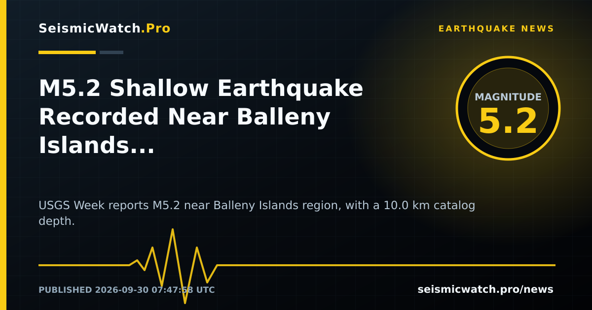 News card for M5.2 Shallow Earthquake Recorded Near Balleny Islands region