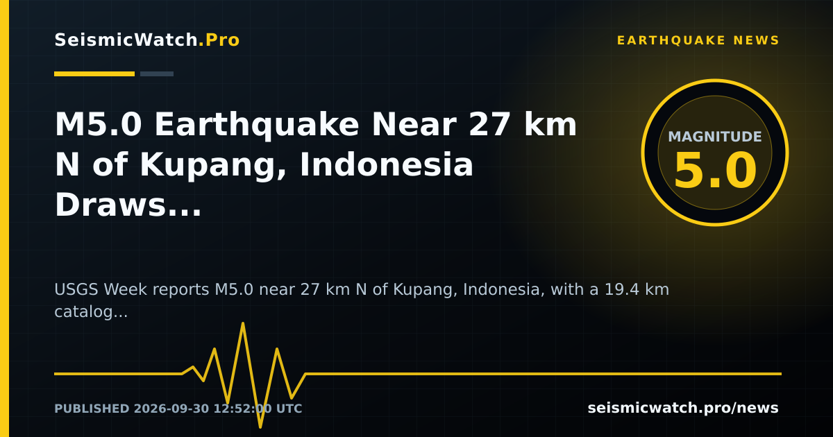 News card for M5.0 Earthquake Near 27 km N of Kupang, Indonesia Draws 1 Felt Reports