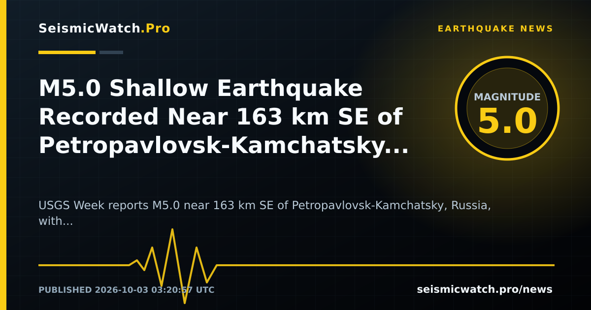 News card for M5.0 Shallow Earthquake Recorded Near 163 km SE of Petropavlovsk-Kamchatsky, Russia