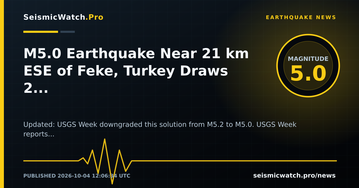 News card for M5.0 Earthquake Near 21 km ESE of Feke, Turkey Draws 2 Felt Reports