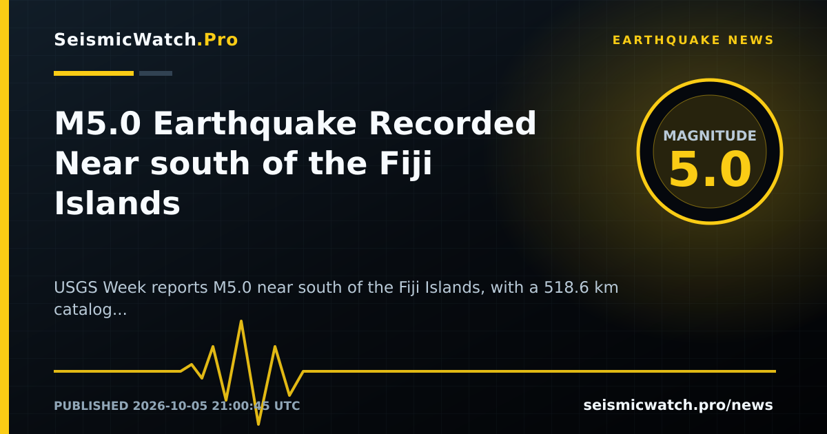 News card for M5.0 Earthquake Recorded Near south of the Fiji Islands