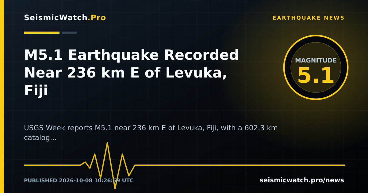 News card for M5.1 Earthquake Recorded Near 236 km E of Levuka, Fiji