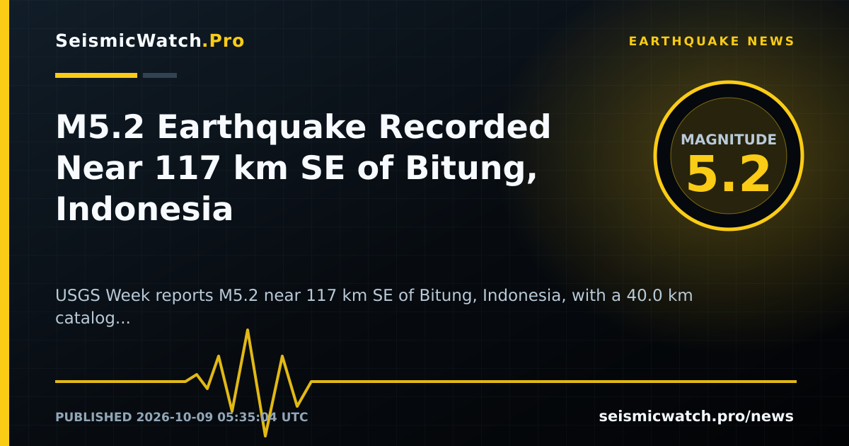 News card for M5.2 Earthquake Recorded Near 117 km SE of Bitung, Indonesia