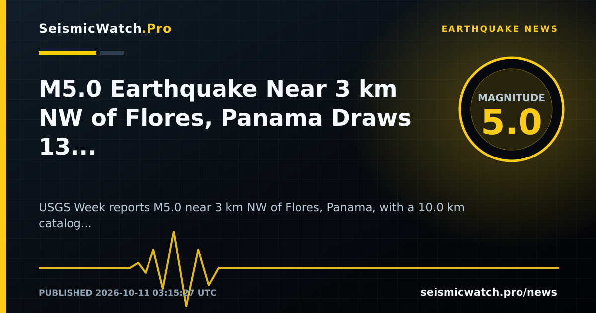 News card for M5.0 Earthquake Near 3 km NW of Flores, Panama Draws 13 Felt Reports