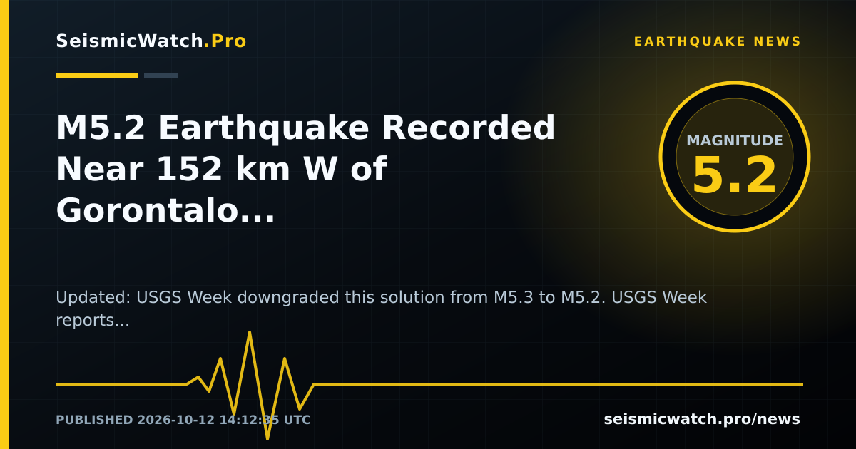 News card for M5.2 Earthquake Recorded Near 152 km W of Gorontalo, Indonesia