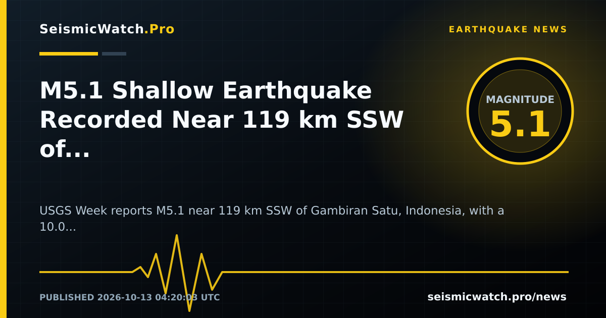 News card for M5.1 Shallow Earthquake Recorded Near 119 km SSW of Gambiran Satu, Indonesia