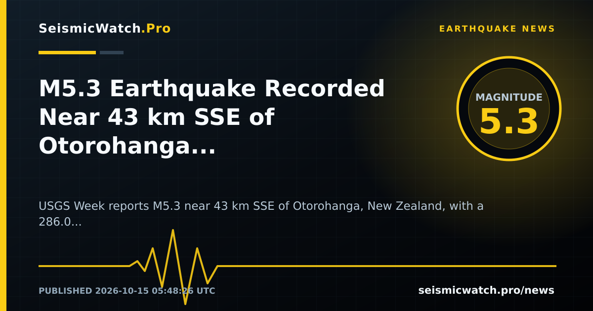 News card for M5.3 Earthquake Recorded Near 43 km SSE of Otorohanga, New Zealand