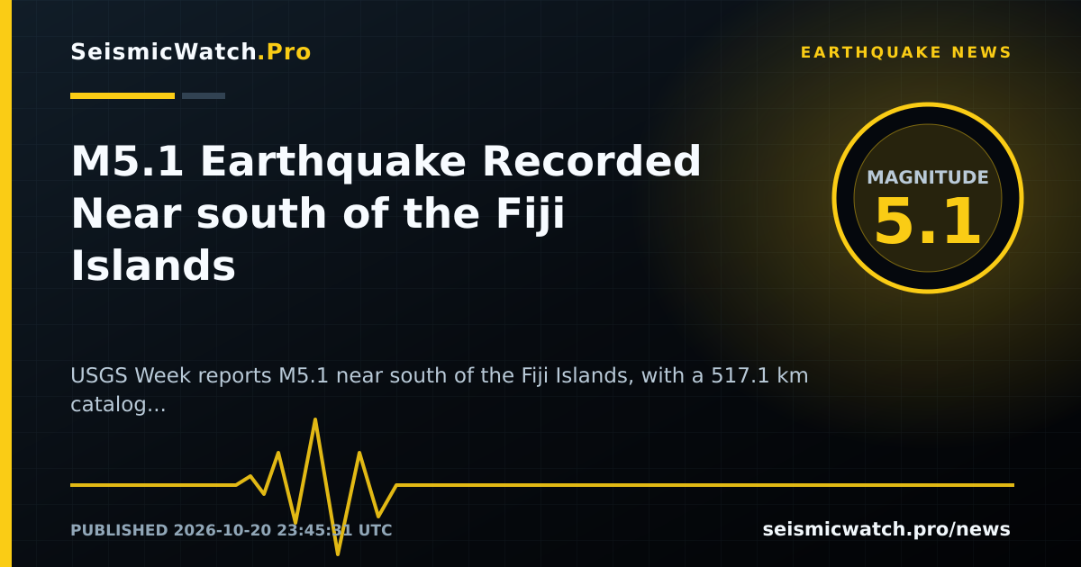 News card for M5.1 Earthquake Recorded Near south of the Fiji Islands