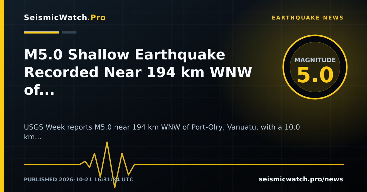 News card for M5.0 Shallow Earthquake Recorded Near 194 km WNW of Port-Olry, Vanuatu
